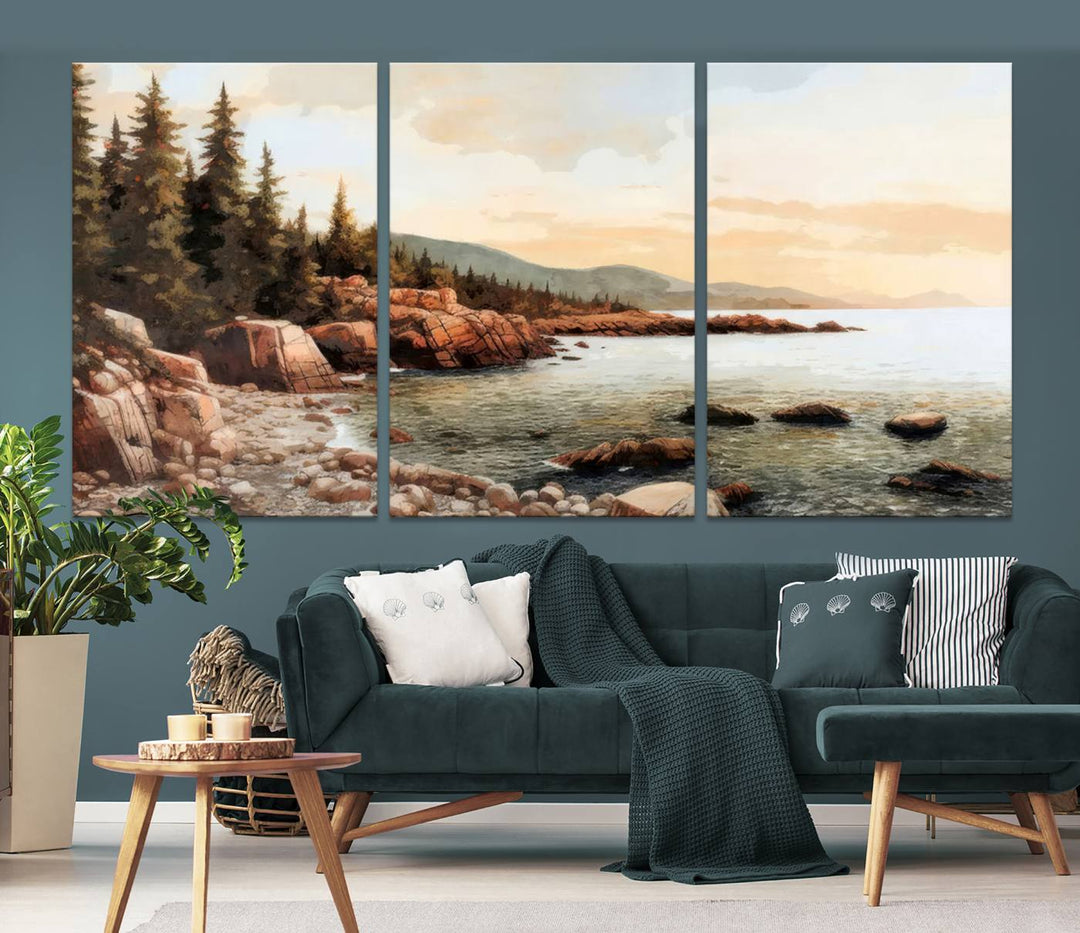 Serene Coastal View of Acadia National Park - Stunning 3-Panel Wall Art Canvas Print, Framed, Ready to Hang