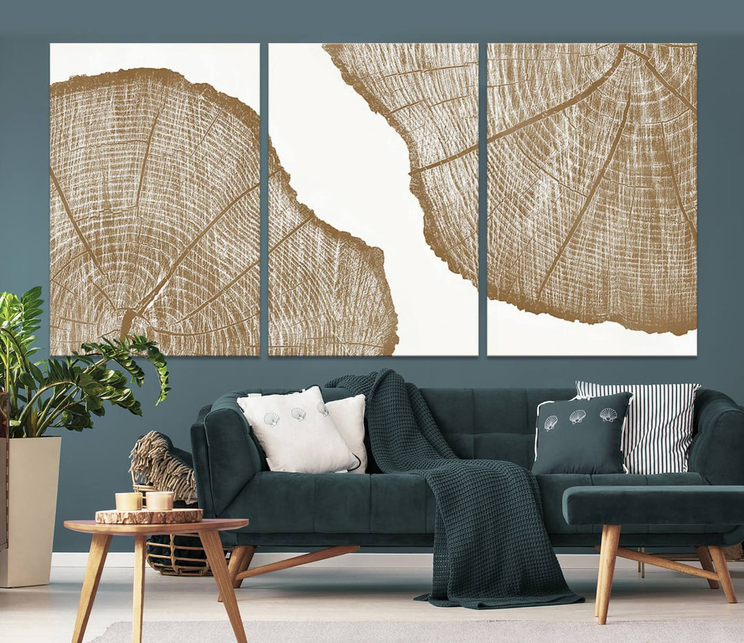 The "Rustic Brown Tree Ring Wall Art Canvas Print" in the living room adds an elegant, nature-inspired touch to the space.