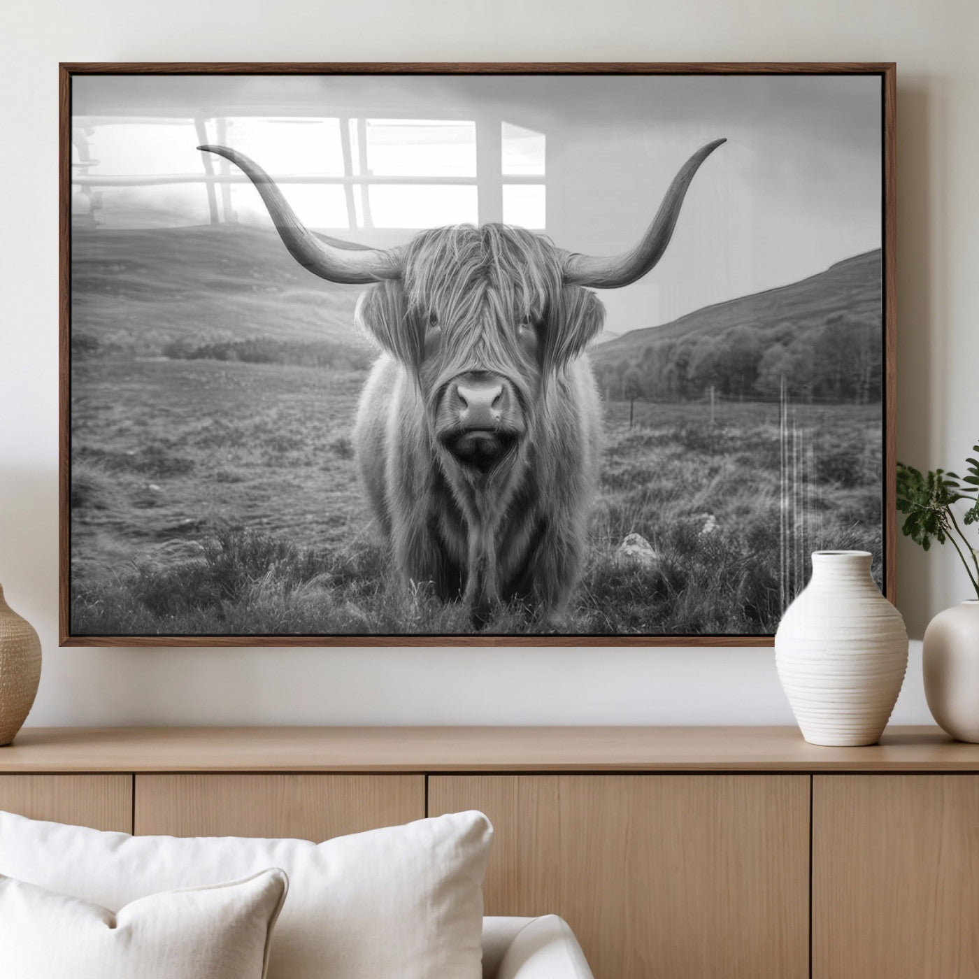 MGV-FP-60X30-3P - Black White Scottish Highland Cow Canvas Farm Wall Art Canvas Print