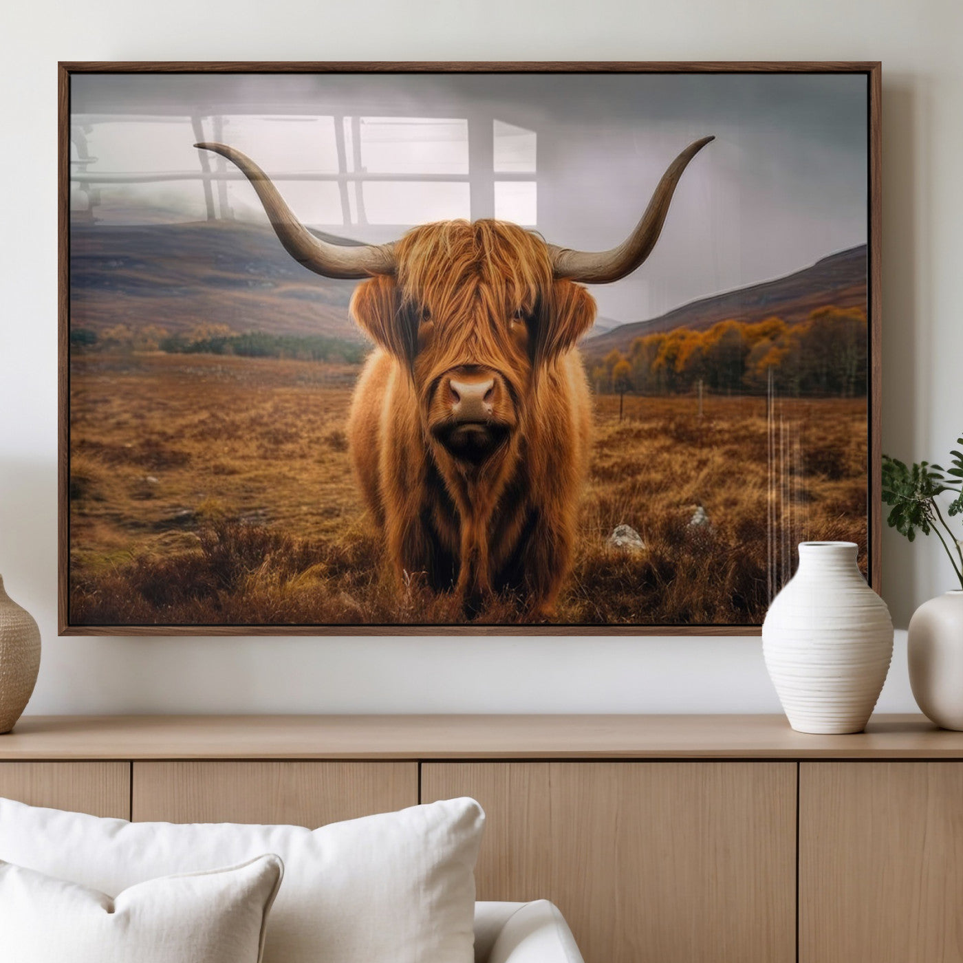 65529-MGV-FP-36X24-3P_Walnut-Highland Cow Longhorn Wall Art – Rustic Canvas Print, Framed and Ready to Hang for Farmhouse Décor