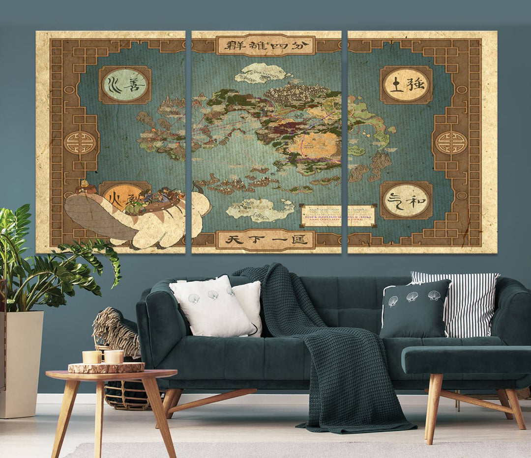 Hanging above is the Avatar: The Last Airbender Vintage Map - Wall Art Canvas Print, framed and ready to hang, showcasing an enchanting glimpse into the iconic four nations design.