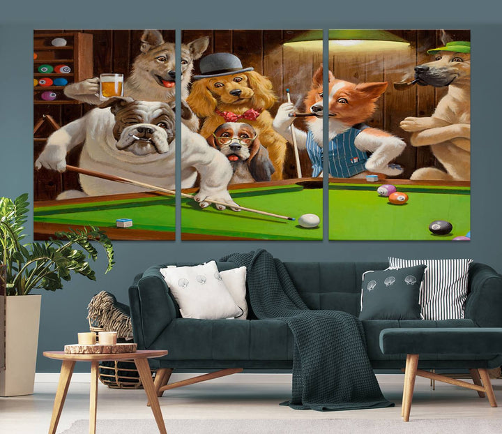 The "Dogs Playing Pool Canvas Wall Art" features a whimsical scene of dogs dressed as humans playing pool in a bar, presented as a three-panel display with a gallery-quality finish.