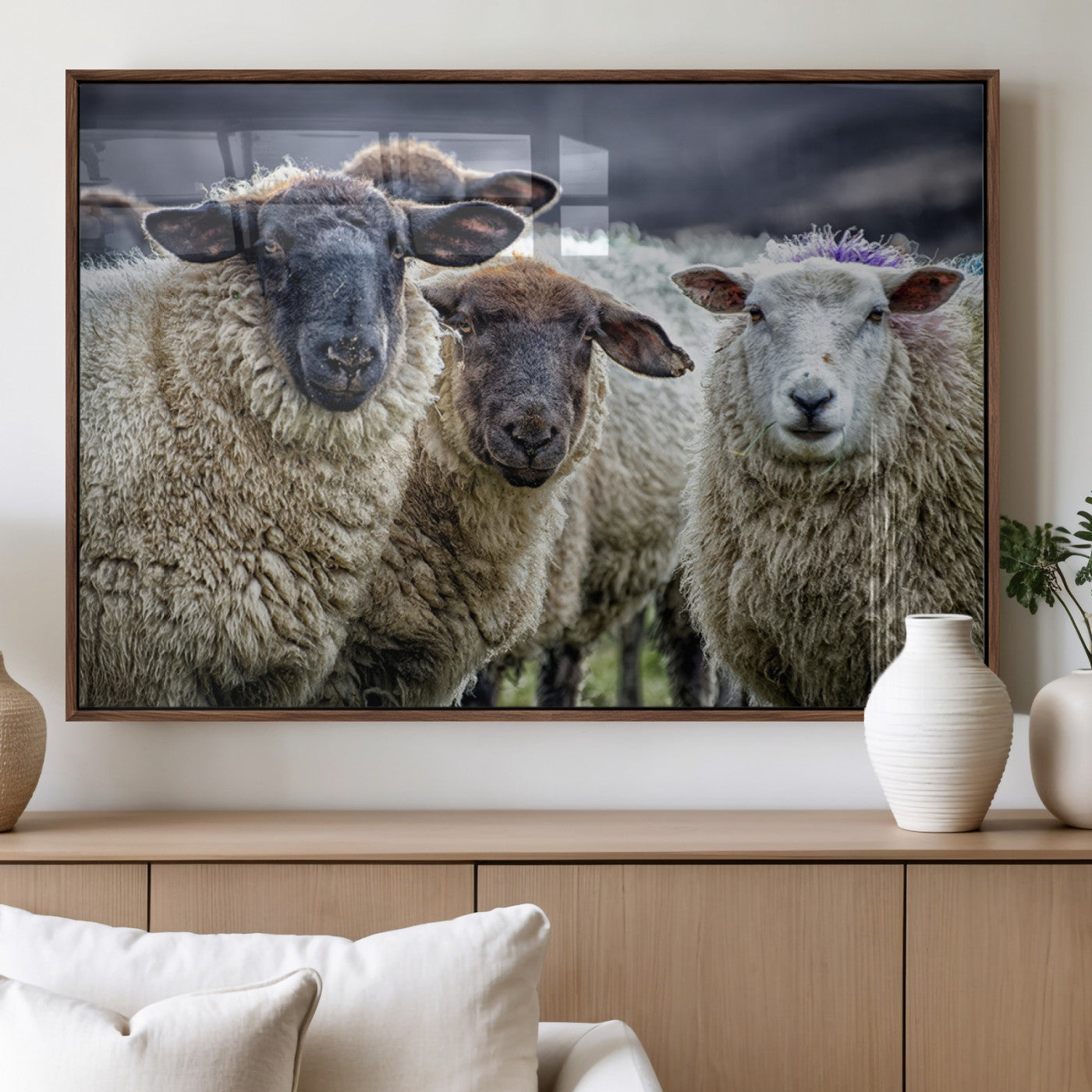 18418-MGV-FP-36X24-3P_Walnut-Charming Sheep Portrait Wall Art – Trio of Woolly Companions Canvas Print, Framed, Ready to Hang