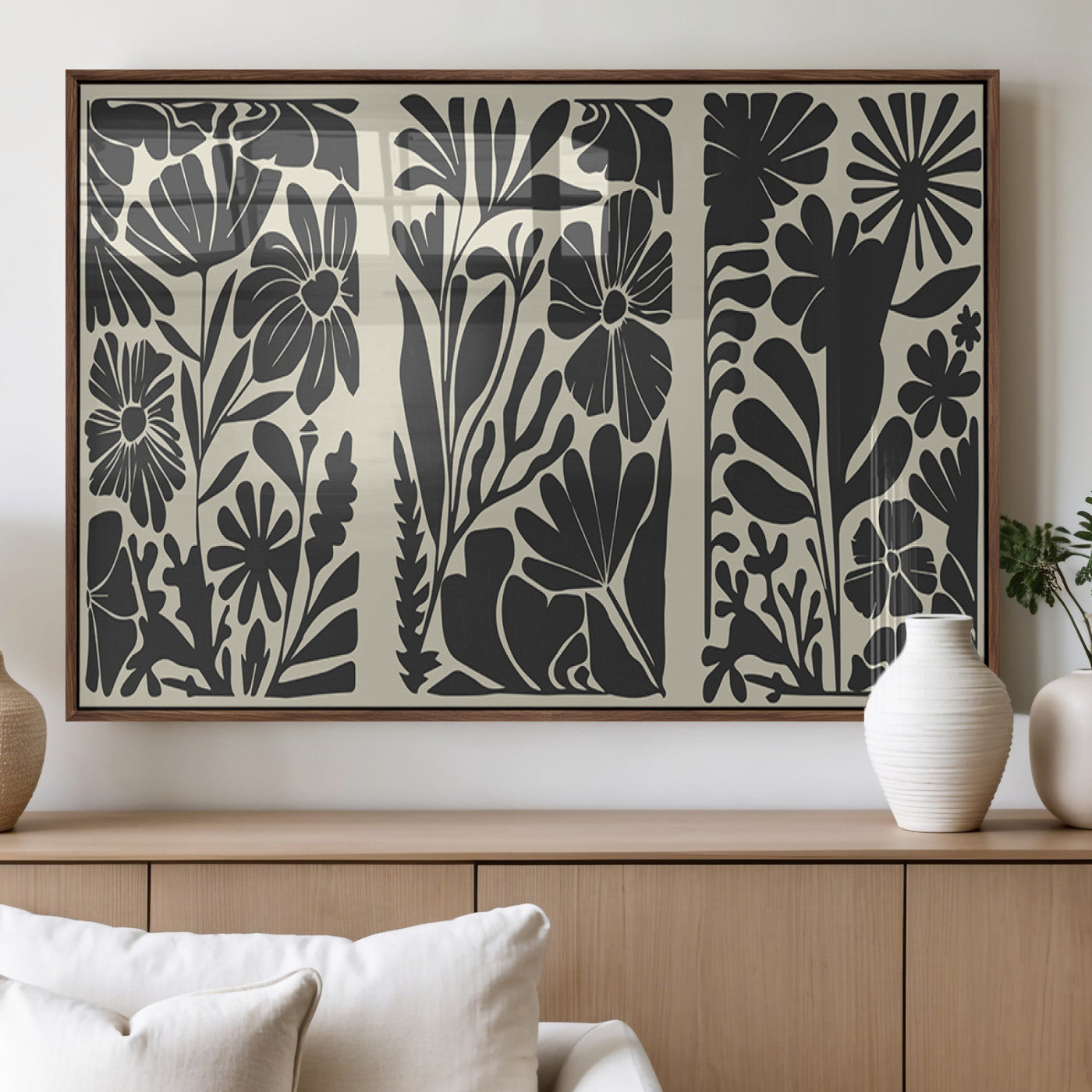 MGV-FP-36X24-3P - Modern Botanical Wall Art - Floral Black and White Canvas Print, Framed, Ready to Hang