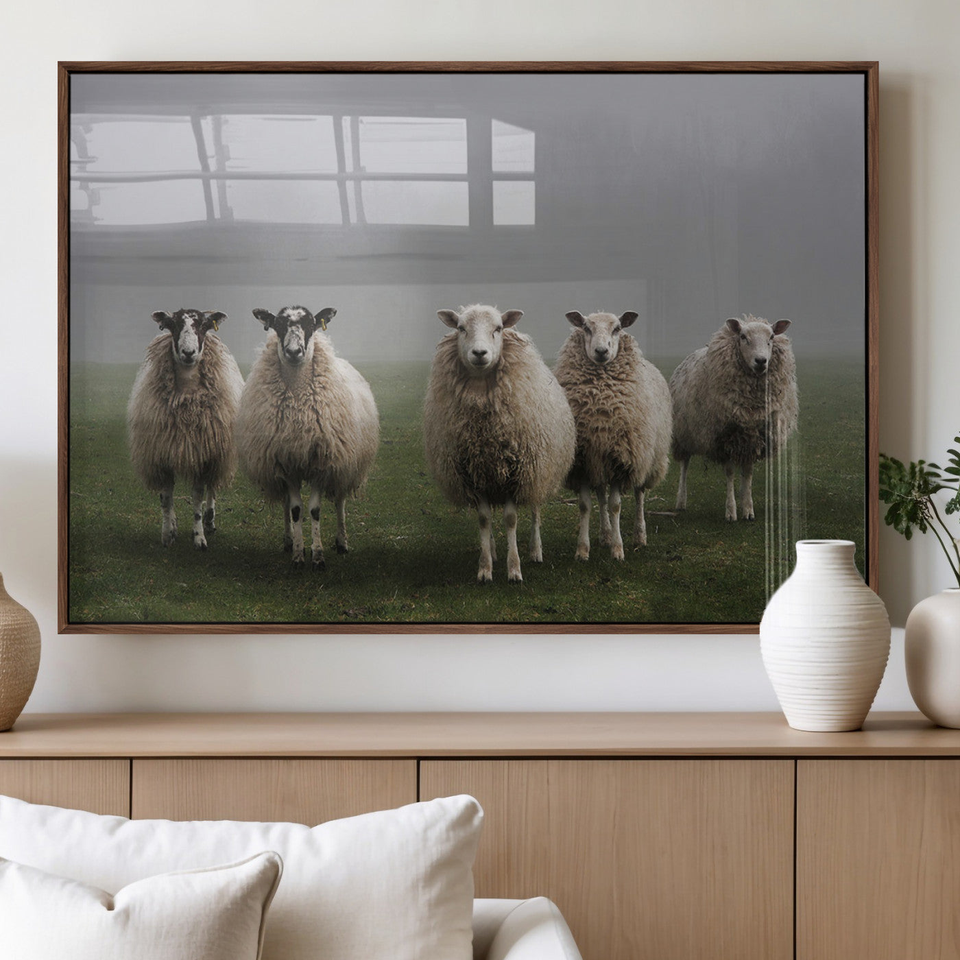 87339-MGV-FP-36X24-3P_Walnut-Flock of Sheep in a Mystical Fog – Pastoral Wall Art Canvas Print, Framed, Ready to Hang