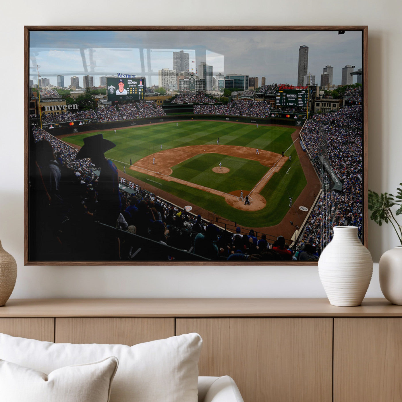 34859-MGV-FP-36X24-3P_Walnut-Chicago Cubs Baseball Team Print - Wrigley Field Stadium Wall Art Canvas Print