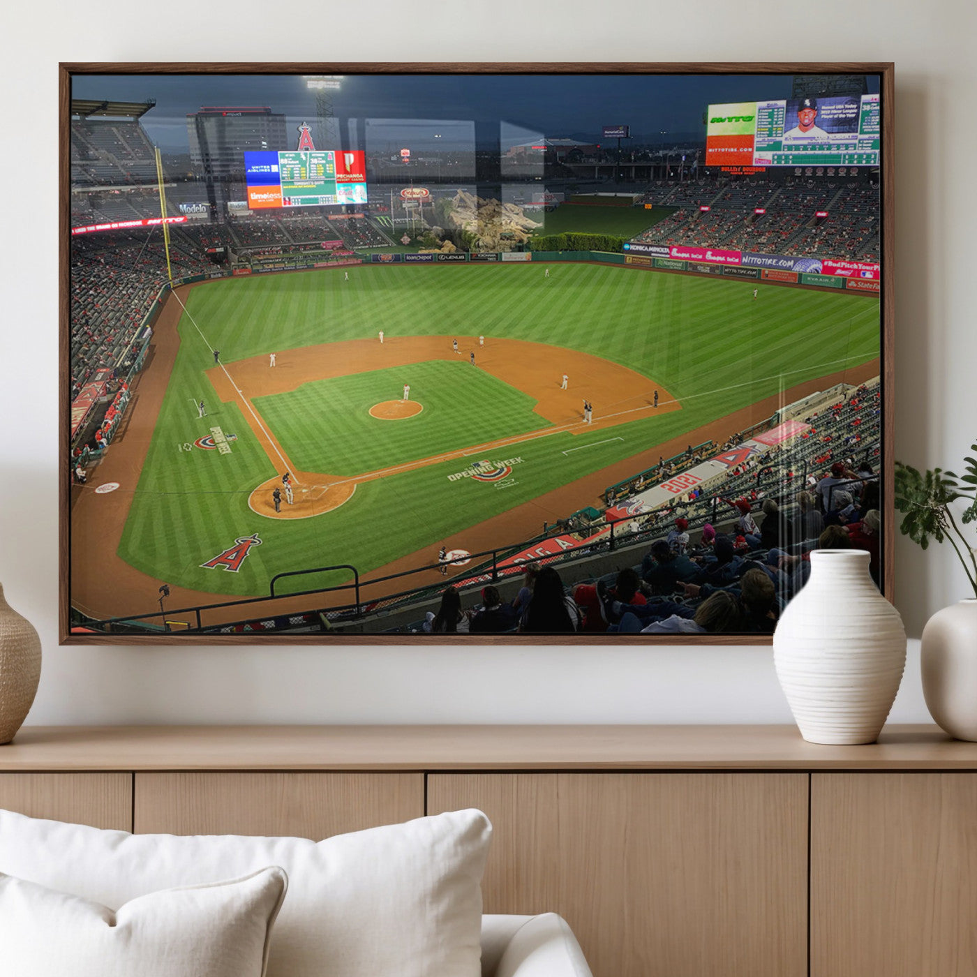 93707-MGV-FP-36X24-3P_Walnut-Angel Stadium Aerial Canvas Print – Los Angeles Angels Baseball Canvas Print, Framed, Ready to Hang