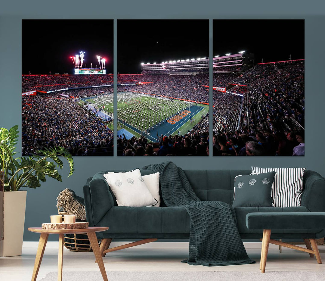 Ben Hill Griffin Stadium Night Game Triple Canvas Wall Art - Florida Gators Football Match