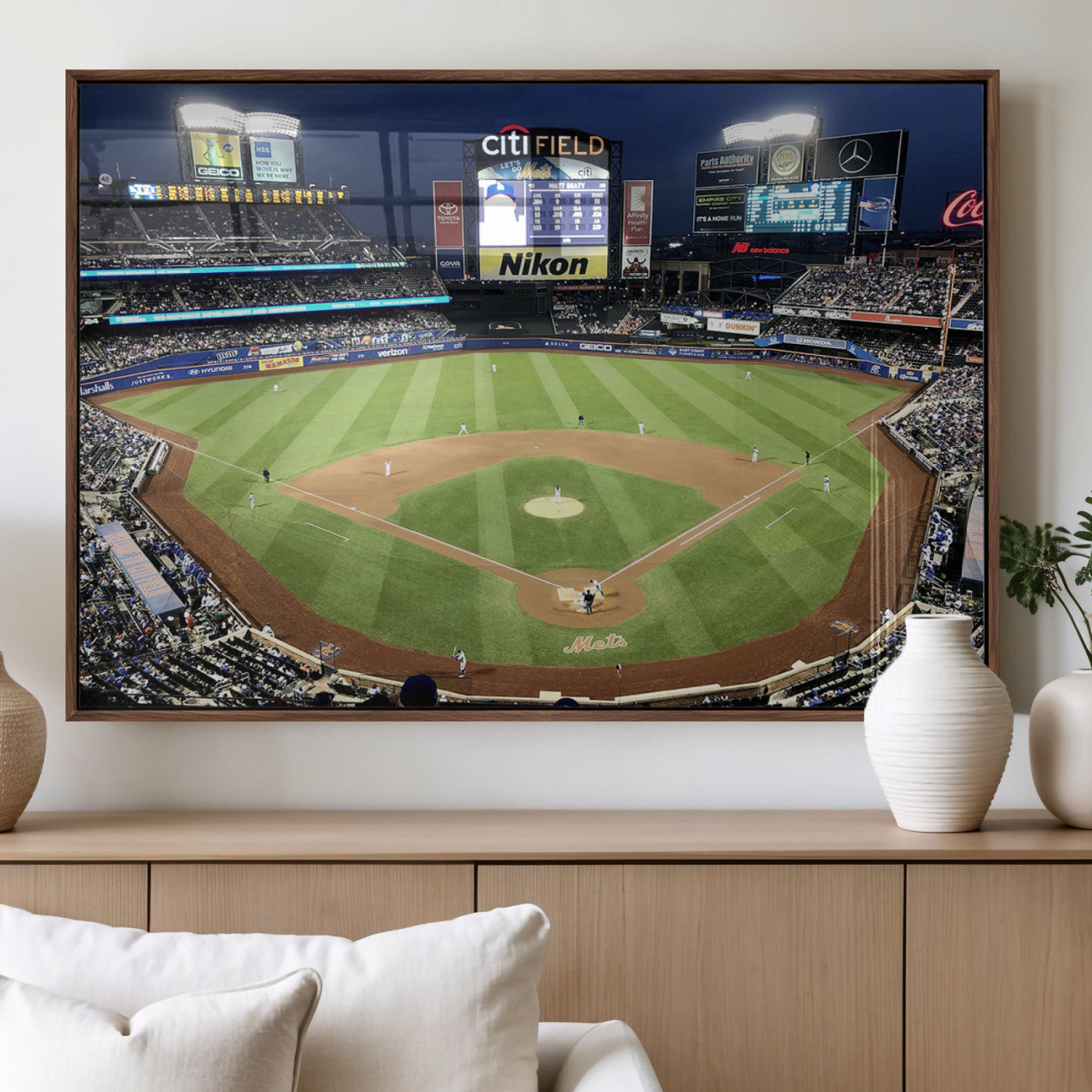87666-MGV-FP-36X24-3P_Walnut-Citi Field Wall Art Print | 3-Panel New York Mets Baseball Stadium Canvas Print | Framed Sports
