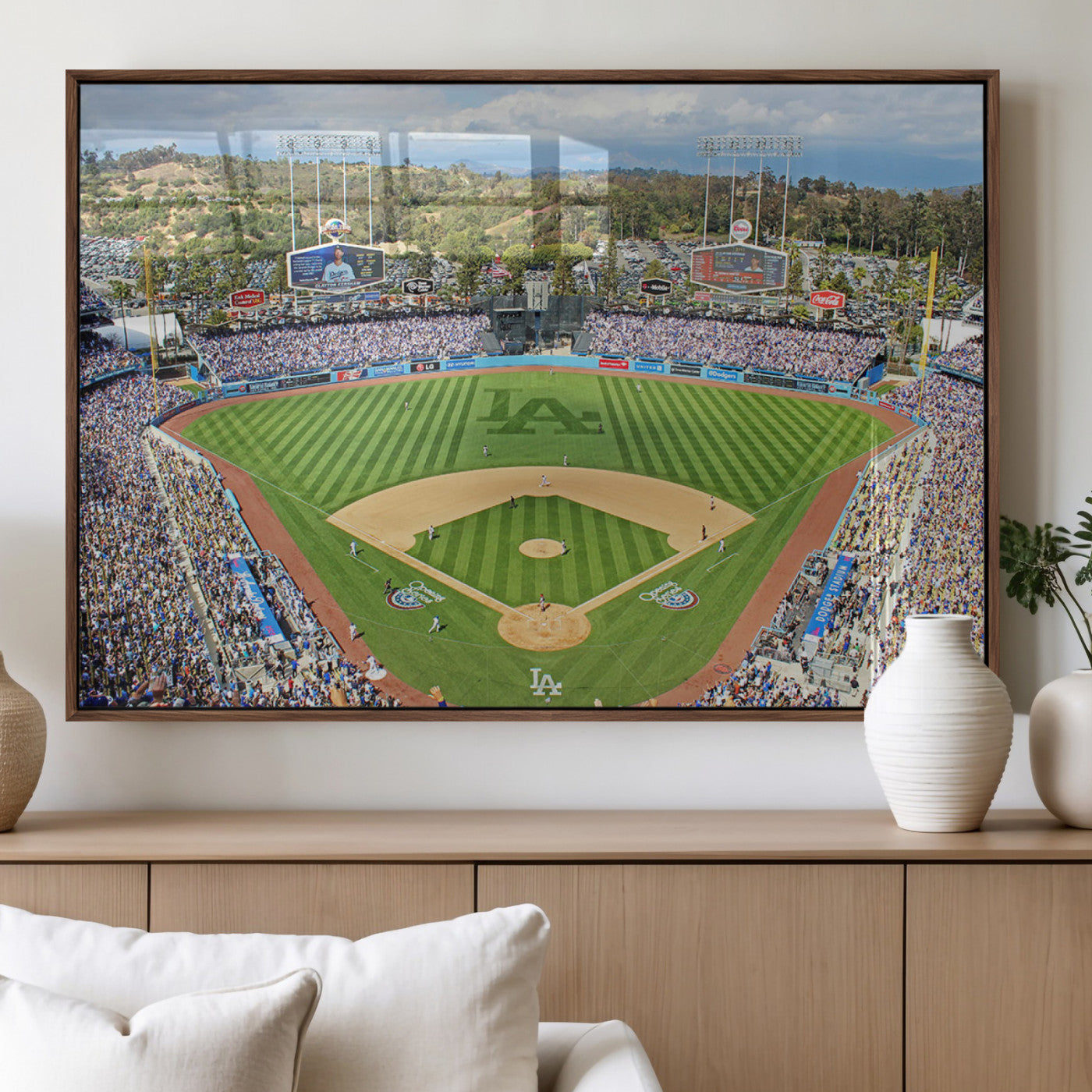 34760-MGV-FP-36X24-3P_Walnut-Citi Field Wall Art Print | 3-Panel New York Mets Baseball Stadium Canvas Print | Framed Sports