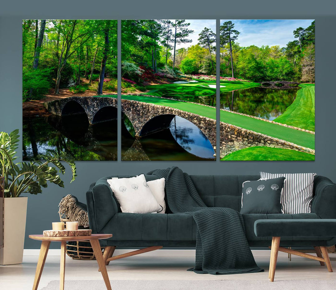 Augusta National Golf Club Wall Art - Panoramic Bridge & Lush Greenery – Premium Framed, Ready-to-Hang Triptych Canvas