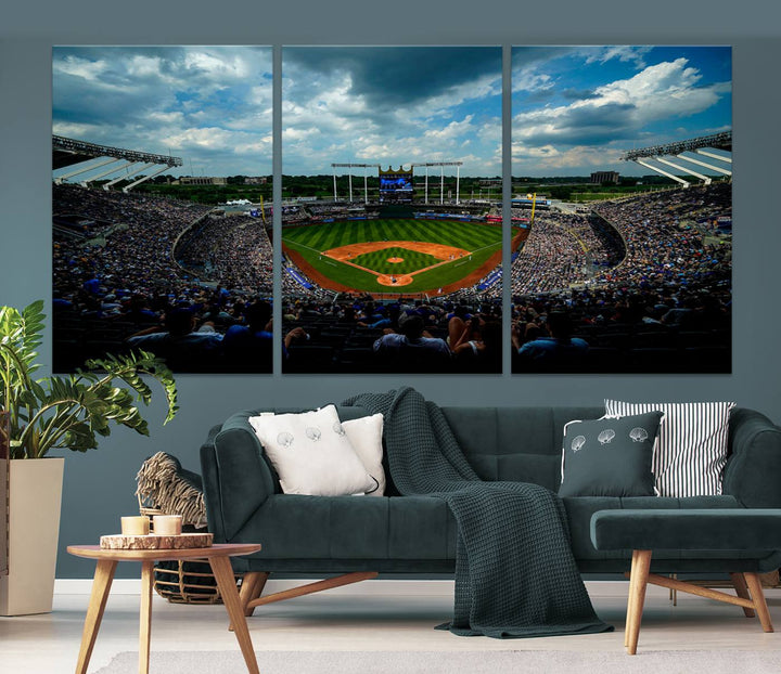 Kauffman Stadium Day Game Triple Canvas Wall Art - Kansas City Royals MLB Match