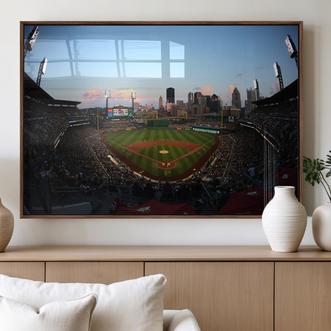 67670-MGV-FP-36X24-3P_Walnut-PNC Park Evening Game Triple Canvas Wall Art - Pittsburgh Pirates MLB Match - PNC Park Stadium Wall