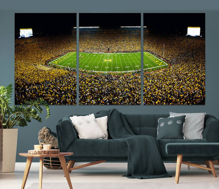 Michigan Wolverines Football Team Print - Michigan Stadium Night Game Triple Canvas Wall Art - University of Michigan Football Match