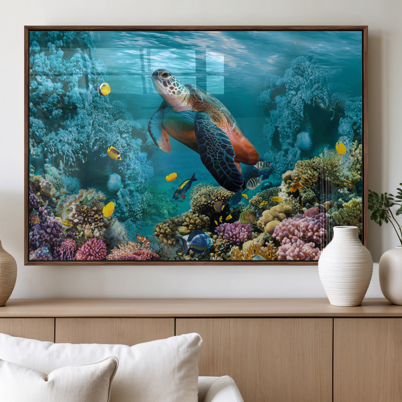 MGV-FP-36X24-3P - Sea Turtle and Coral Reef Triptych Wall Art – Vibrant Underwater Scene Canvas Set for Ocean Lovers