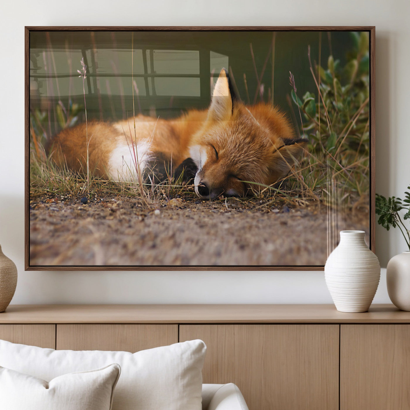 25085-MGV-FP-36X24-3P_Walnut-Sleeping Fox Wall Art Canvas Print, Farmhouse Wall Decor and Animal Wall Art Print