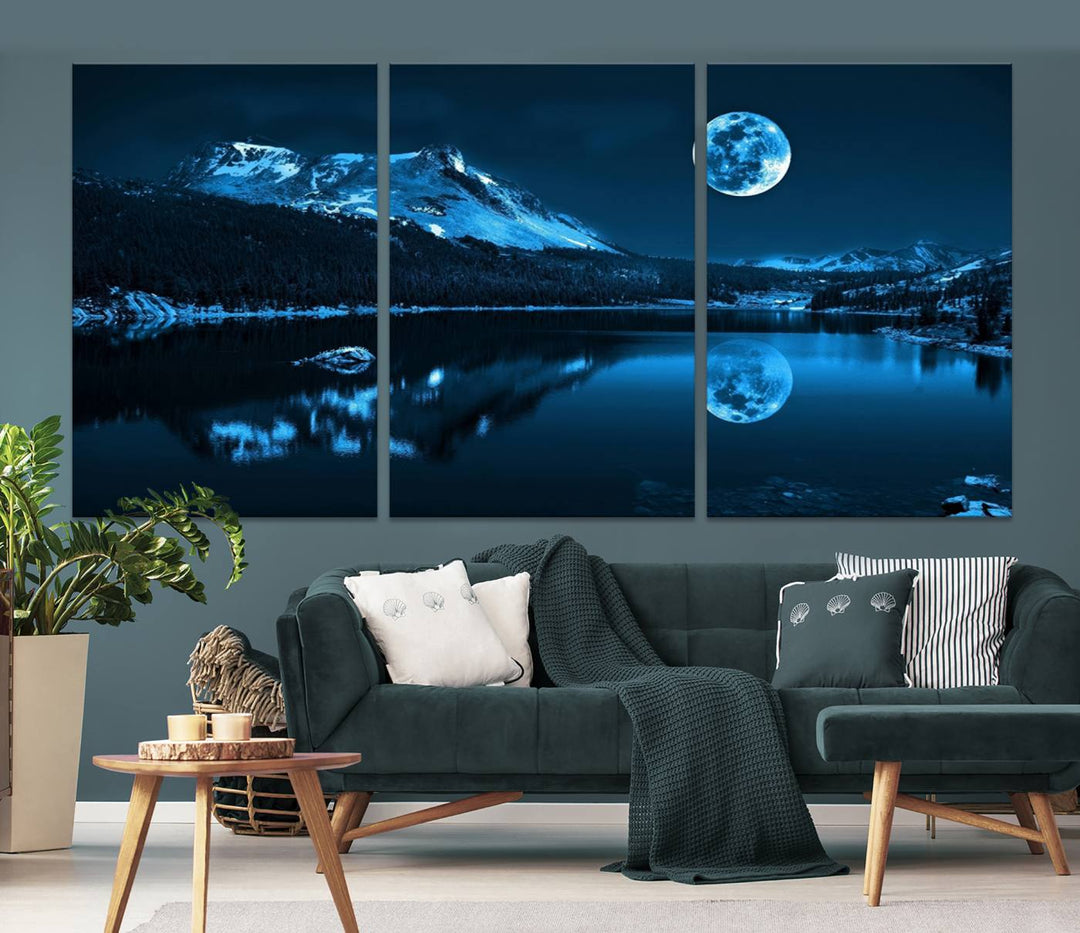 Blue Moon Mountain Lake Landscape Framed Wall Art Canvas Print