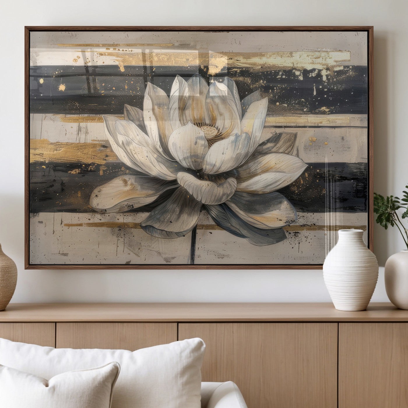MGV-FP-60X30-3P - Lotus Flower Wall Art Canvas Print, Framed Abstract Lotus Art Picture Print, White Lotus Flower Perfect Abstract Floral Decor Artwork