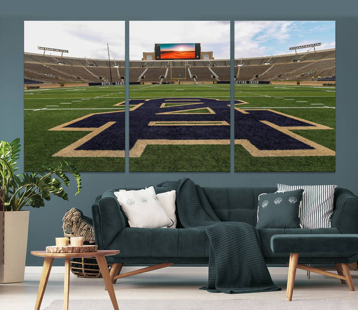 Notre Dame Stadium Giclee Canvas Print | Triptych Wall Art Featuring Iconic Notre Dame Football Field | Ready-to-Hang Sports Stadium Decor