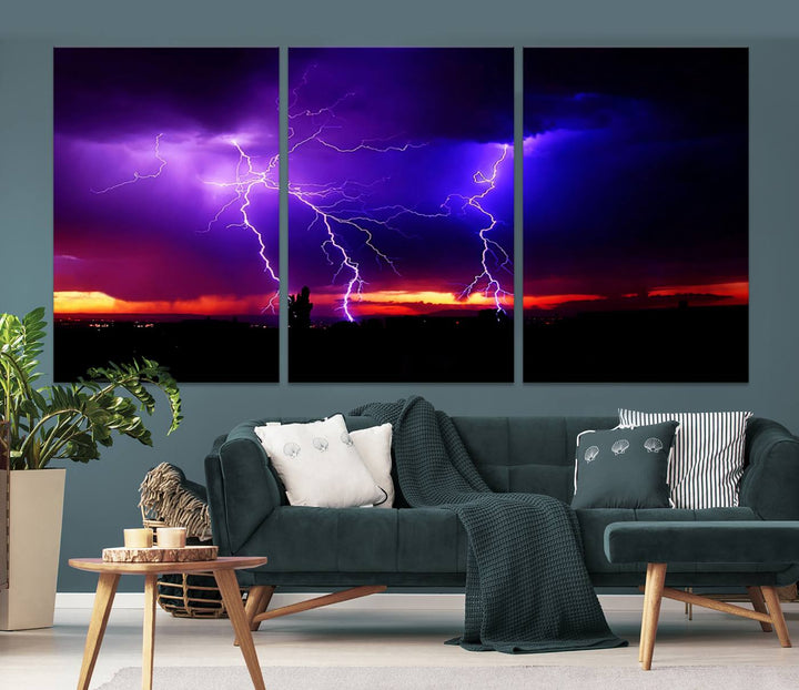 Electrifying Sunset Thunderstorm Canvas Print – Dramatic Lightning and Vibrant Sunset Wall Art