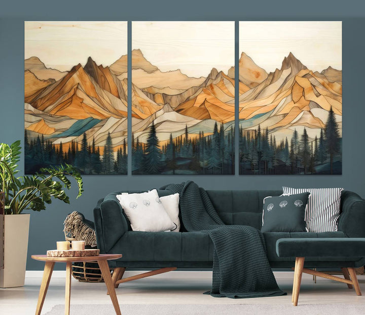 Rustic Wood Style Mountain Wall Art Print | Triptych Giclee Print Featuring Handcrafted Forest and Mountain Range Design | Framed Ready-to-Hang Print