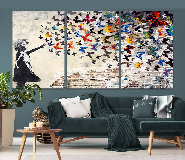 Banksy Style Girl with Butterflies Wall Art - Beautiful Framed Ready-to-Hang Triptych Canvas - Vibrant Butterfly Street Art for Modern Decor