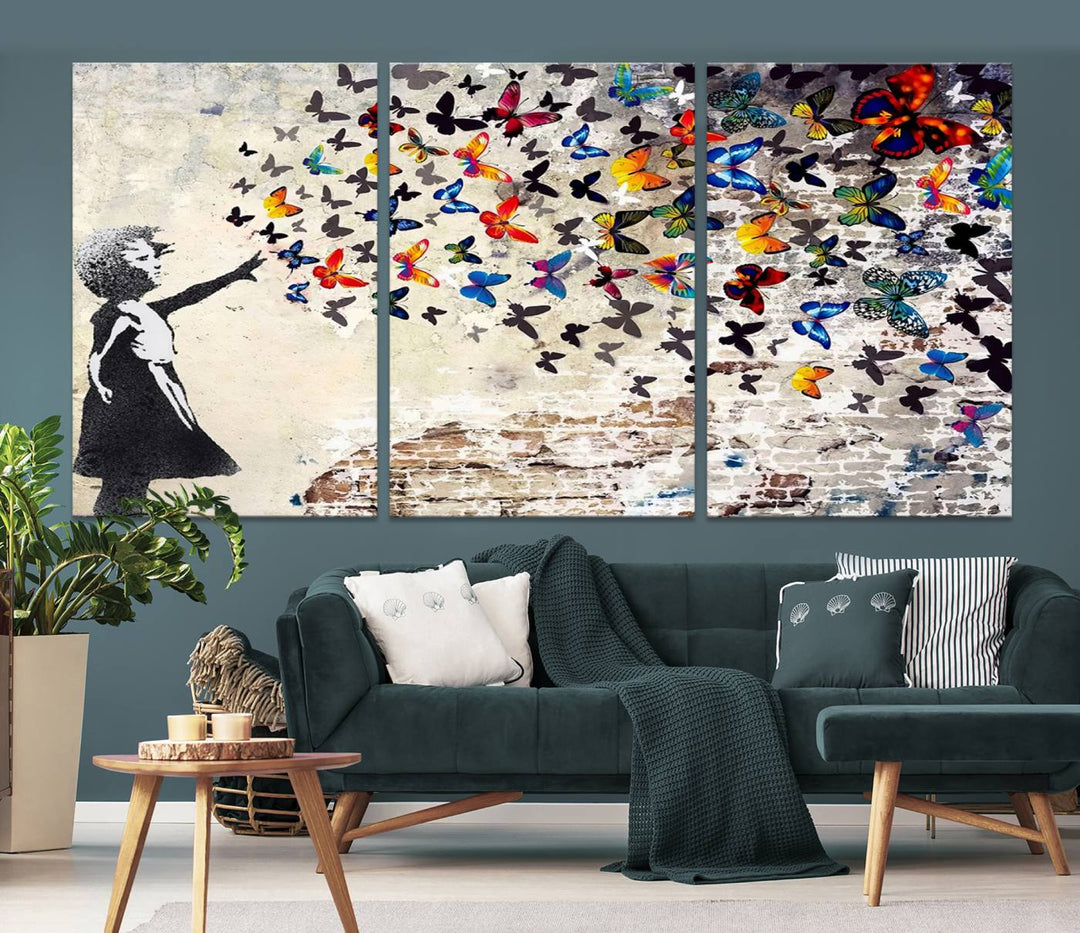 Banksy-Style Graffiti Wall Art Canvas Print: Girl Releasing Vibrant Butterflies – Ready to Hang