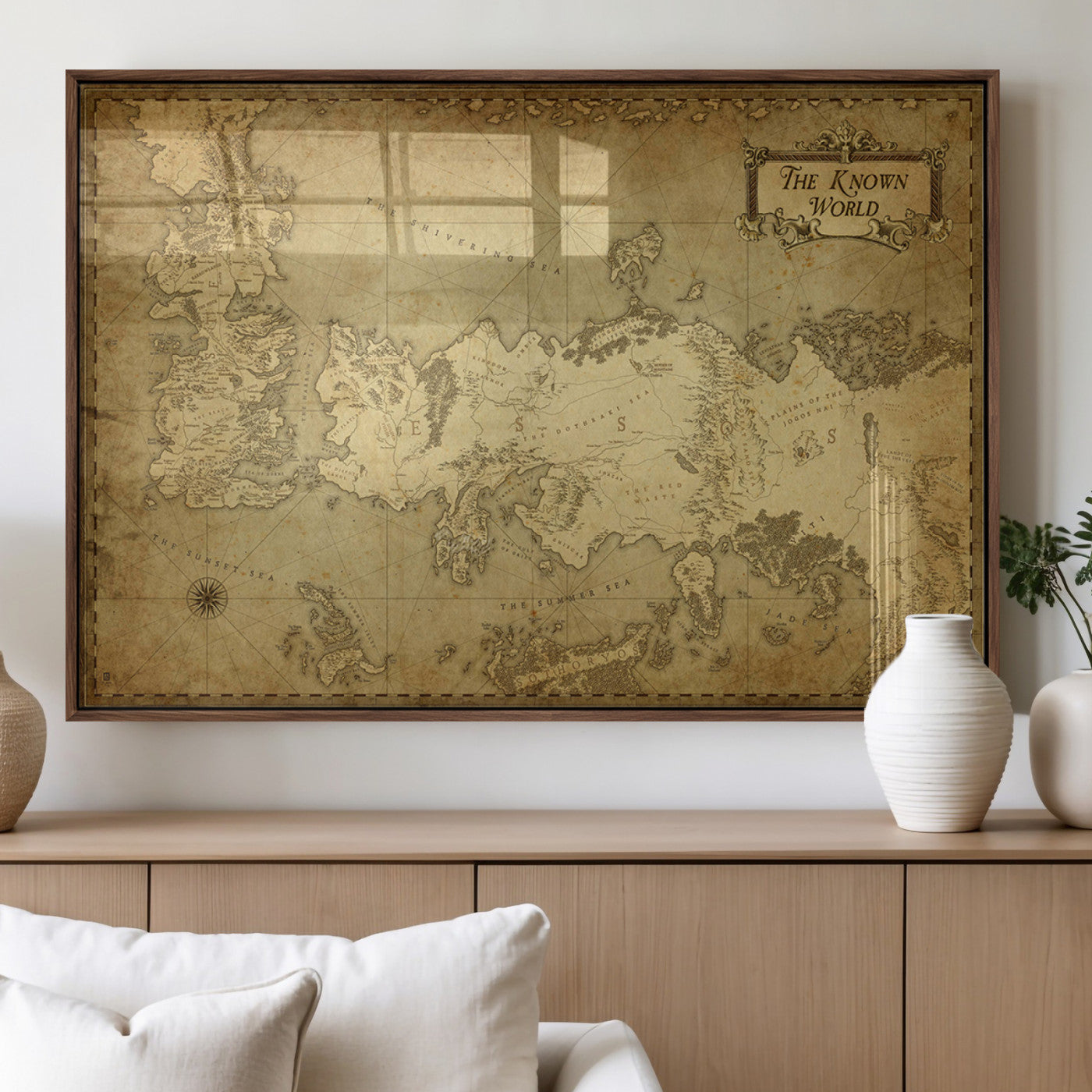 MGV-FP-36X24-3P - Vintage Game of Thrones Map Wall Art | Westeros and Essos Antique Style Print | The Known World in Triptych Canvas | Giclee Canvas for Fantasy Lovers