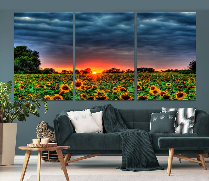 Golden Sunflower Field at Sunset – Breathtaking Sky and Vibrant Flowers, Ready to Hang Wall Art Canvas Print