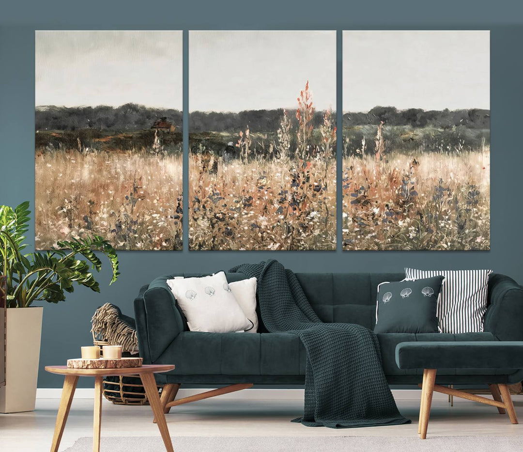 Rustic Field Landscape Triptych, Giclee Canvas Wall Art for Modern Homes, Warm Meadow and Wildflower Art Print, Large Nature Inspired Canvas Print