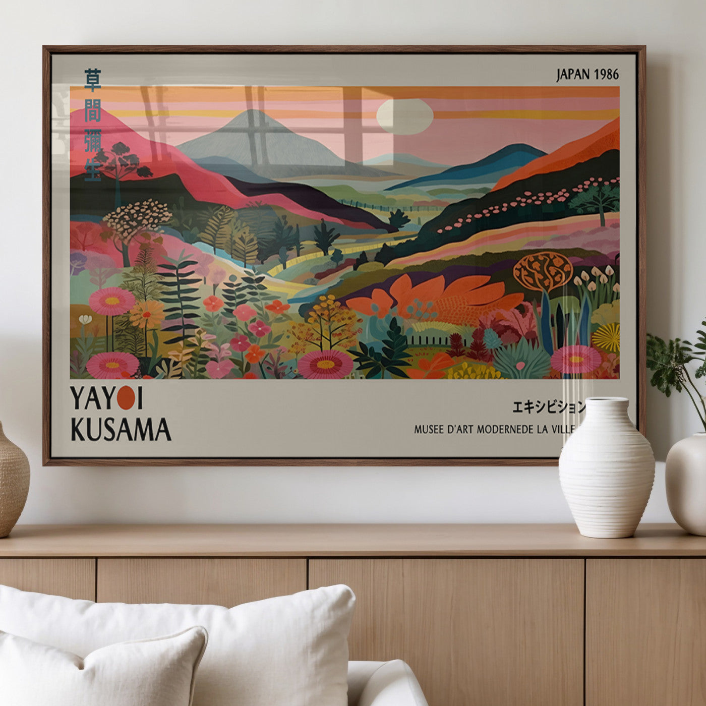 MGV-FP-60X30-3P - Yayoi Kusama Landscape Canvas Print, Vibrant Floral Mountain Art Print, Botanical Flower Nature