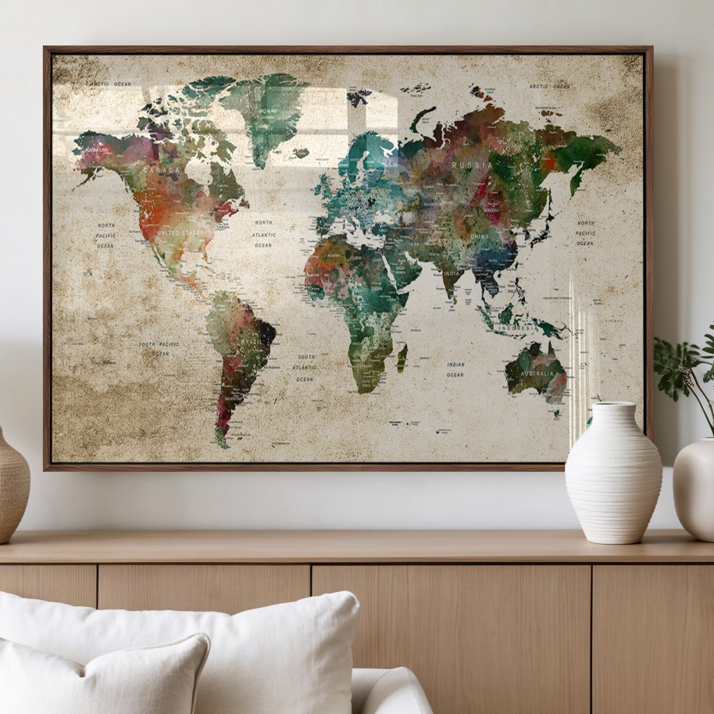45128-MGV-FP-60X30-3P_Walnut-Push Pin World Map Canvas Print – Framed Wall Art for Couples to Track Their Travels – Anniversary Gift or Home Adventure Decor