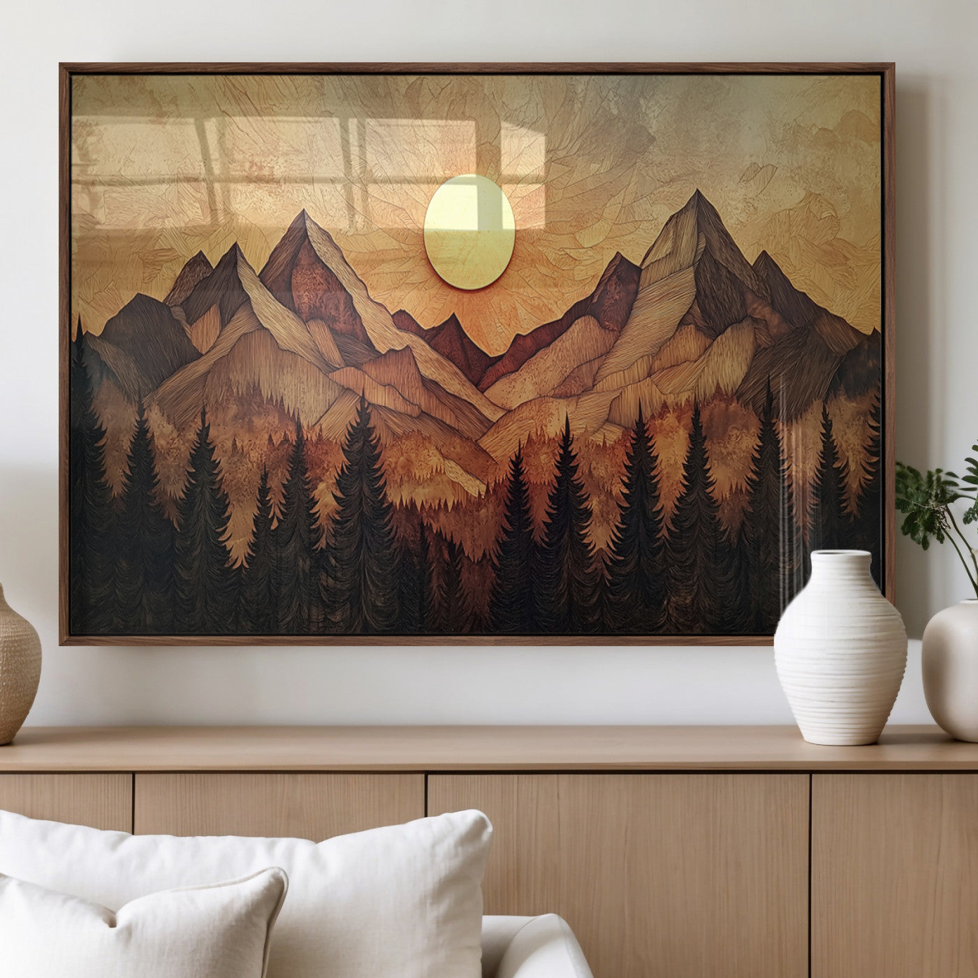 MGV-FP-60X30-3P - Wood Style Abstract Mountain Sunset Canvas Wall Art Print - Warm Earth Nature-Inspired Decor for
