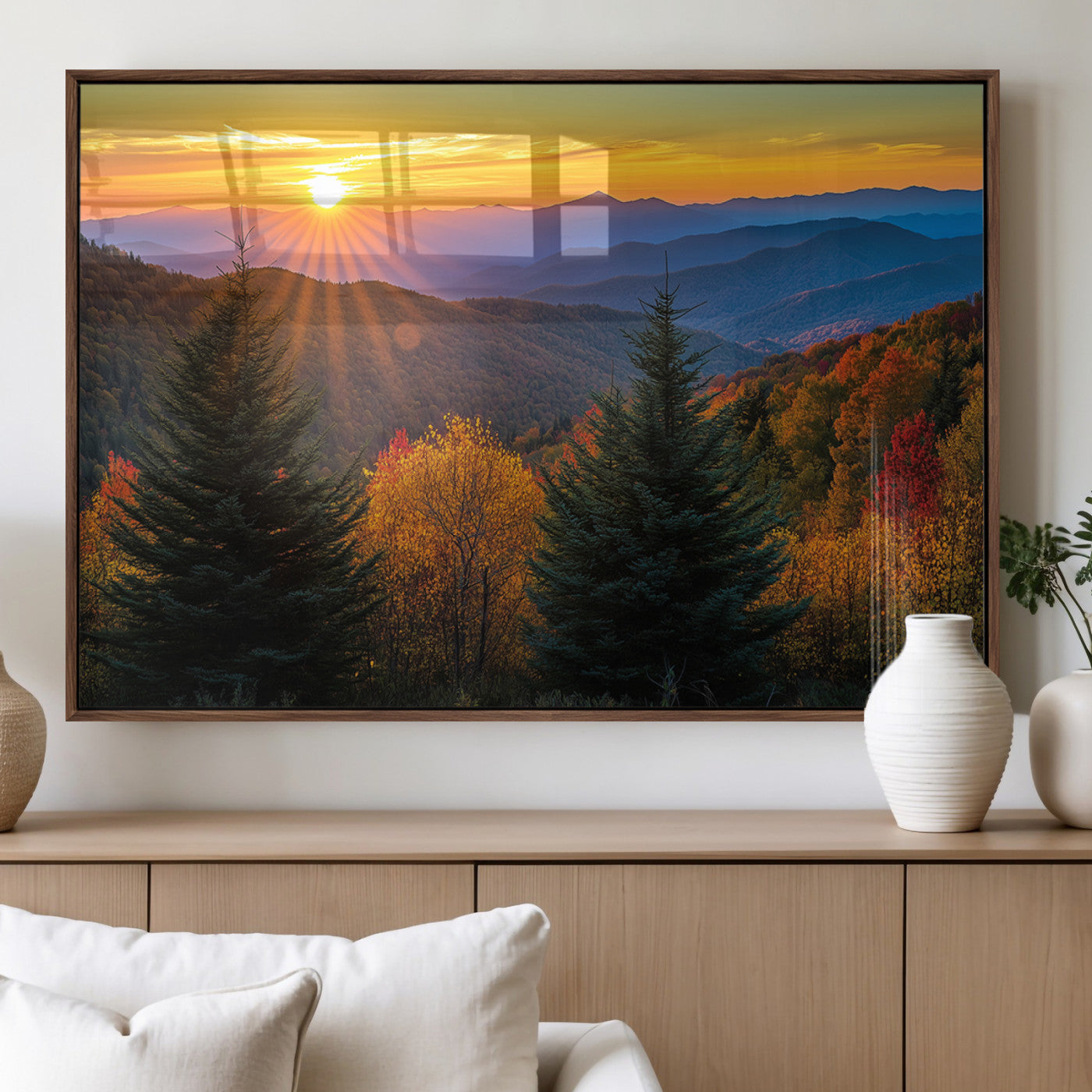 MGV-FP-60X30-3P - Golden Sunset Over Mountain Forest Canvas Wall Art Print - Warm Nature-Inspired Landscape for Living