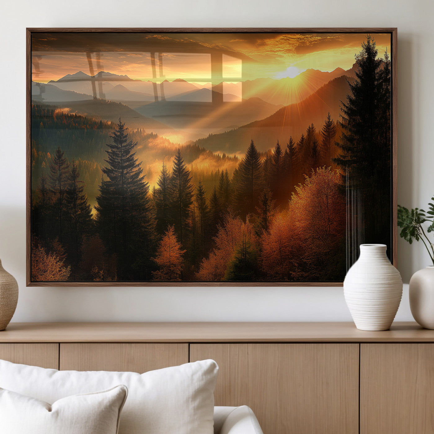 MGV-FP-60X30-3P - Golden Sunset Over Mountain Forest Canvas Wall Art Print - Warm Nature Landscape Print