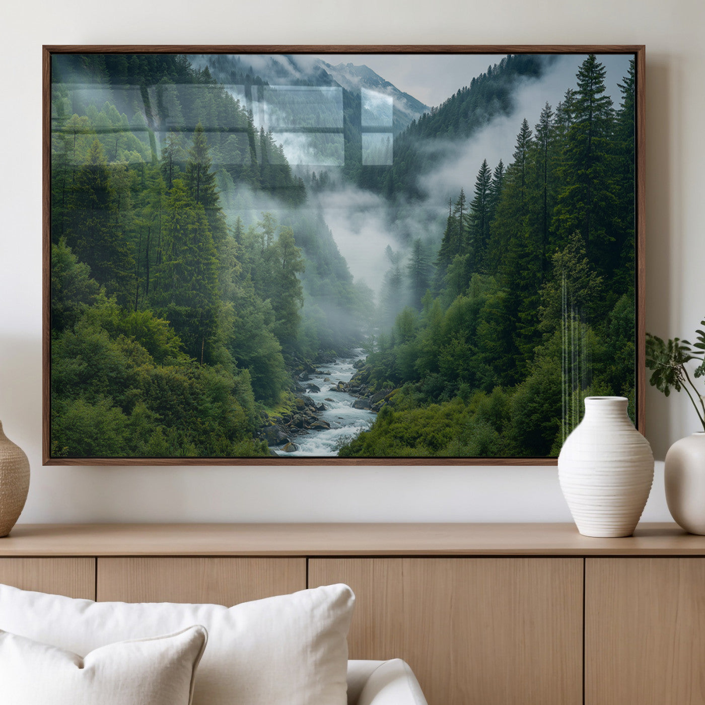 MGV-FP-60X30-3P - Mountain Forest River Canvas Wall Art Print - Serene Nature Landscape for Living Room, Office, or