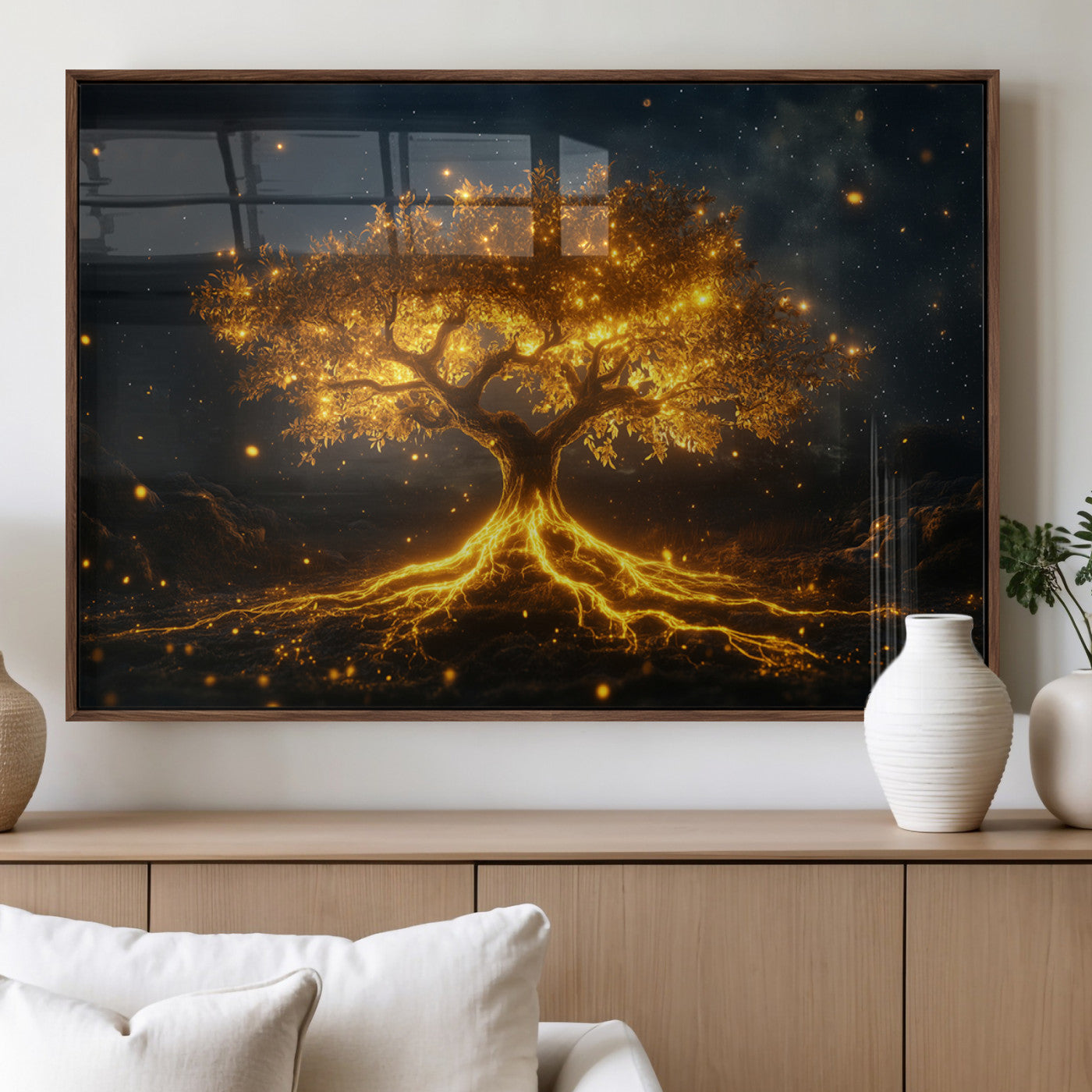MGV-FP-60X30-3P - Golden Tree of Life Canvas Wall Art Print - Majestic Glowing Tree Design for Living Room, Office, or