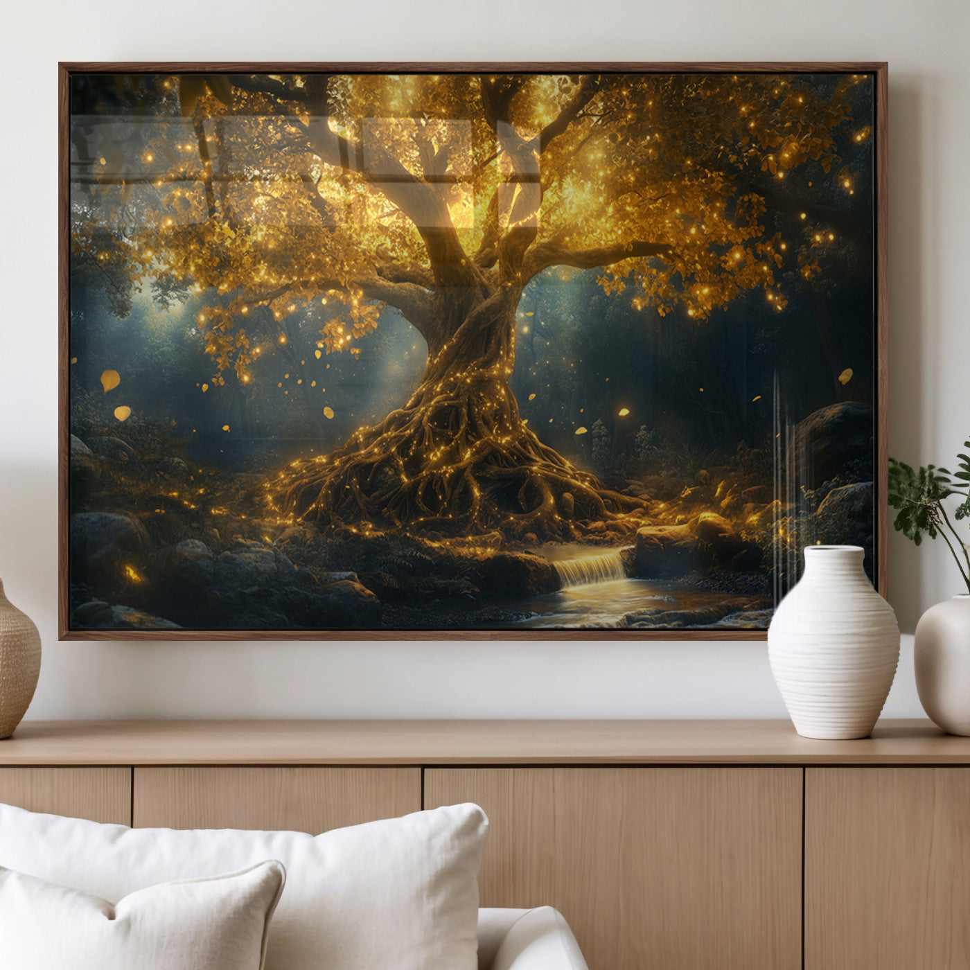 MGV-FP-60X30-3P - Golden Tree of Life Canvas Wall Art Print - Majestic Glowing Tree Wall Art Print
