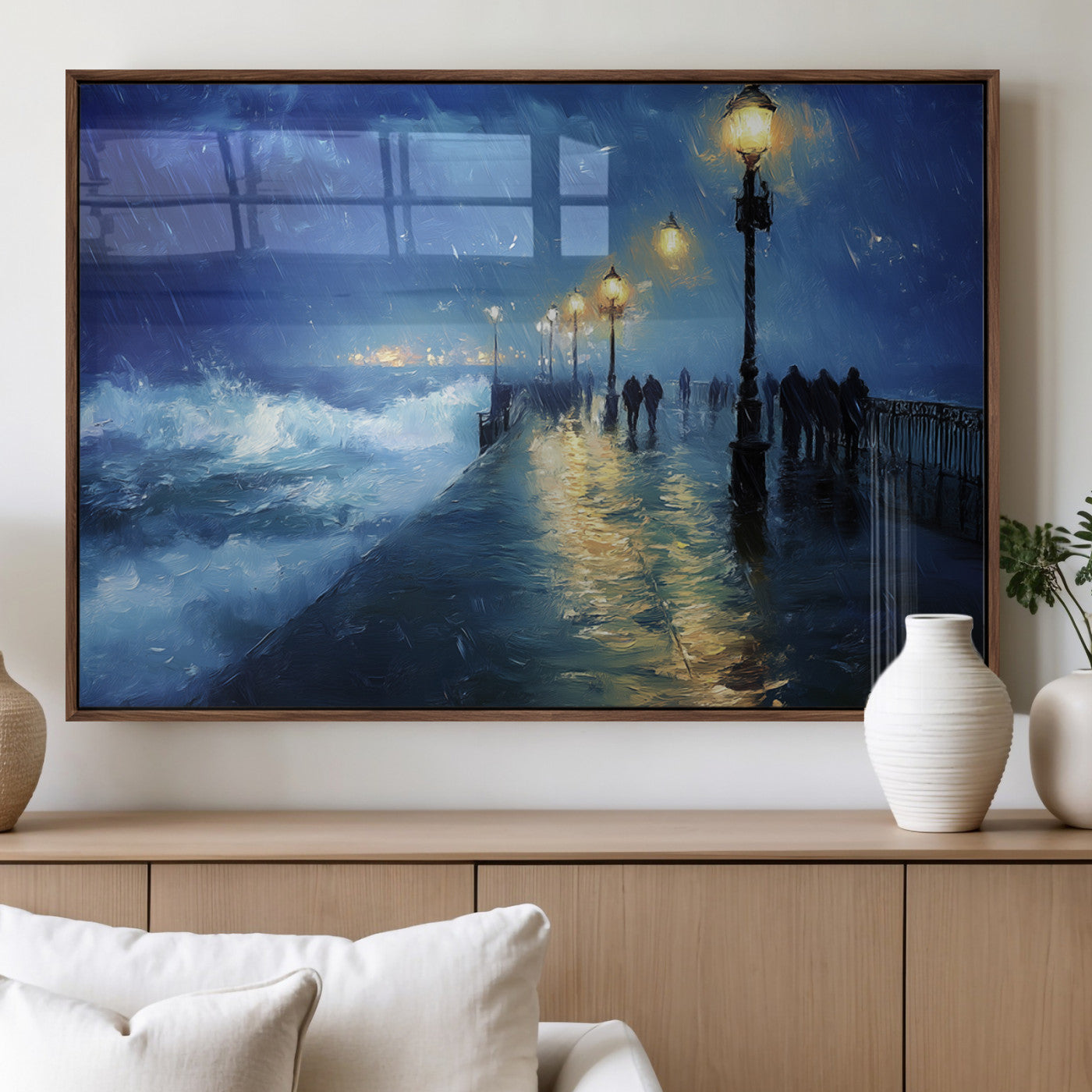 MGV-FP-36X24-3P - Abstract Stormy Ocean Pier Canvas Wall Art Print | Stormy Ocean Art | Large Moody Night Scene Print,