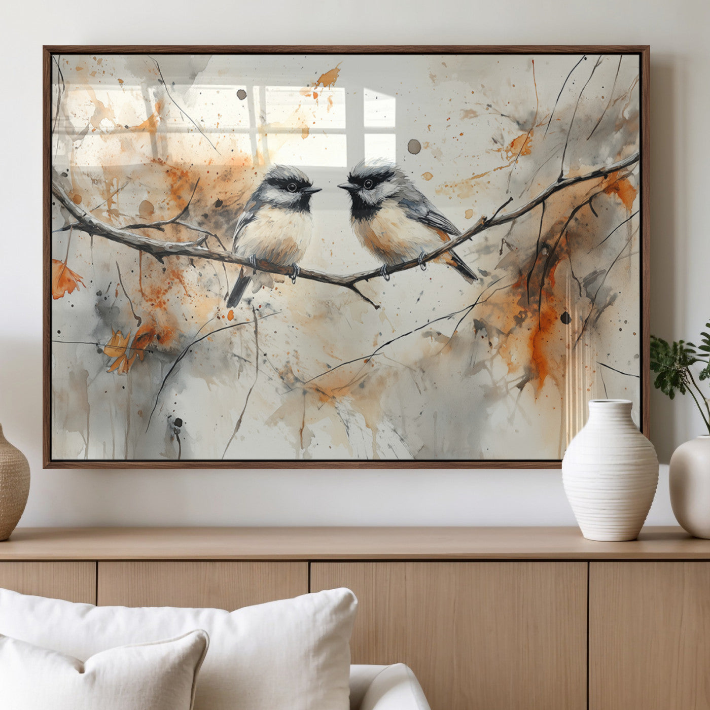 MGV-FP-60X30-3P - Abstract Watercolor Chickadee Bird Canvas Wall Art Print - Large Bird and Branch Wall Art, Modern