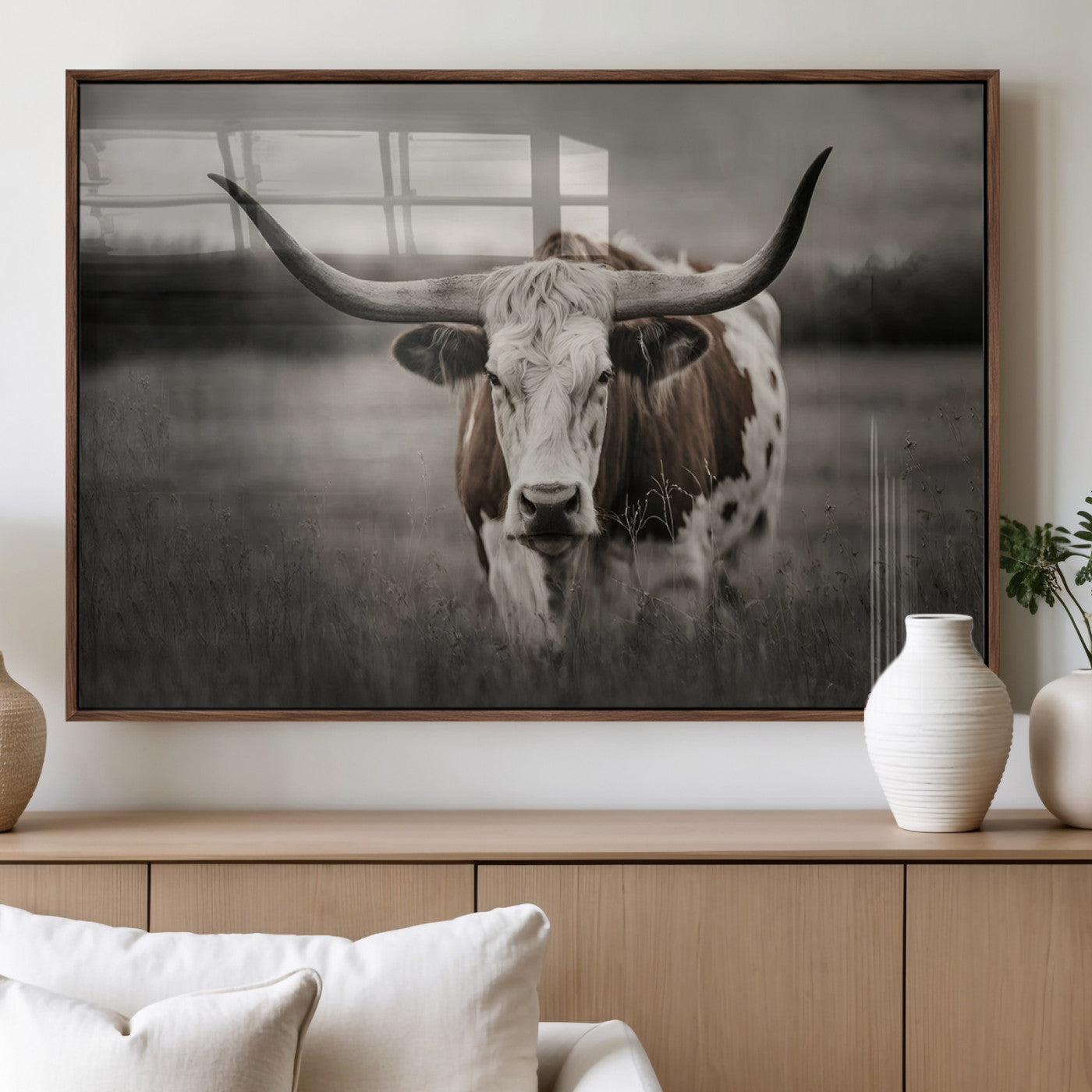 MGV-FP-60X30-3P - Texas Longhorn Cow Canvas Wall Art Print - Large Rustic Longhorn Art for Living Room, Western Wall