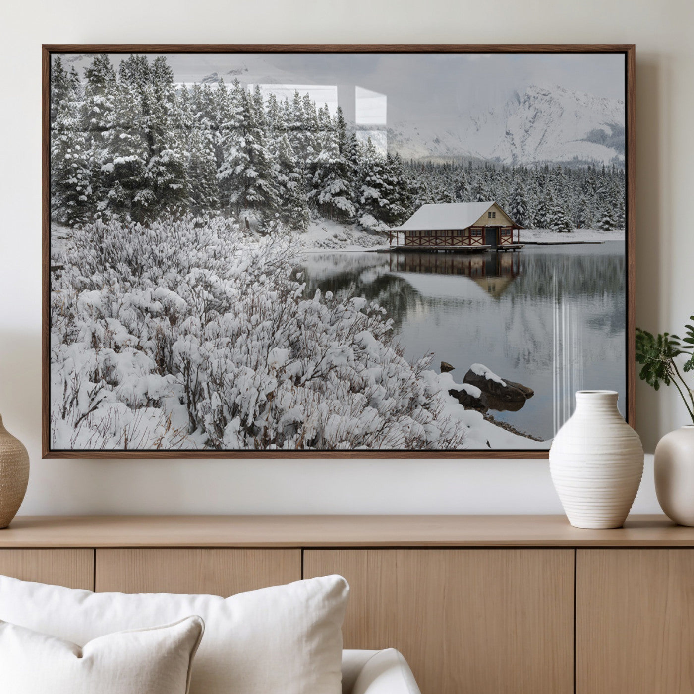 MGV-FP-60X30-3P - Winter Wall Art - Cabin by the Lake Canvas Wall Art - Serene Snowy Landscape with Mountain View,