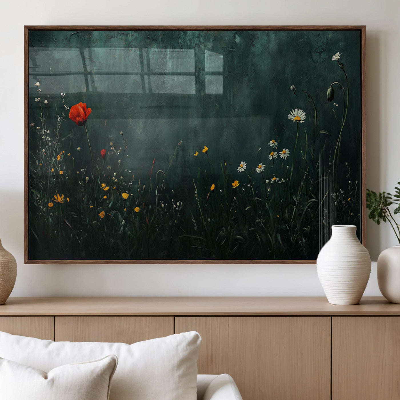 MGV-FP-60X30-3P - Wildflower Field Framed Wall Art, Vintage Botanical Landscape Sign, Botanical Wall Art, Modern