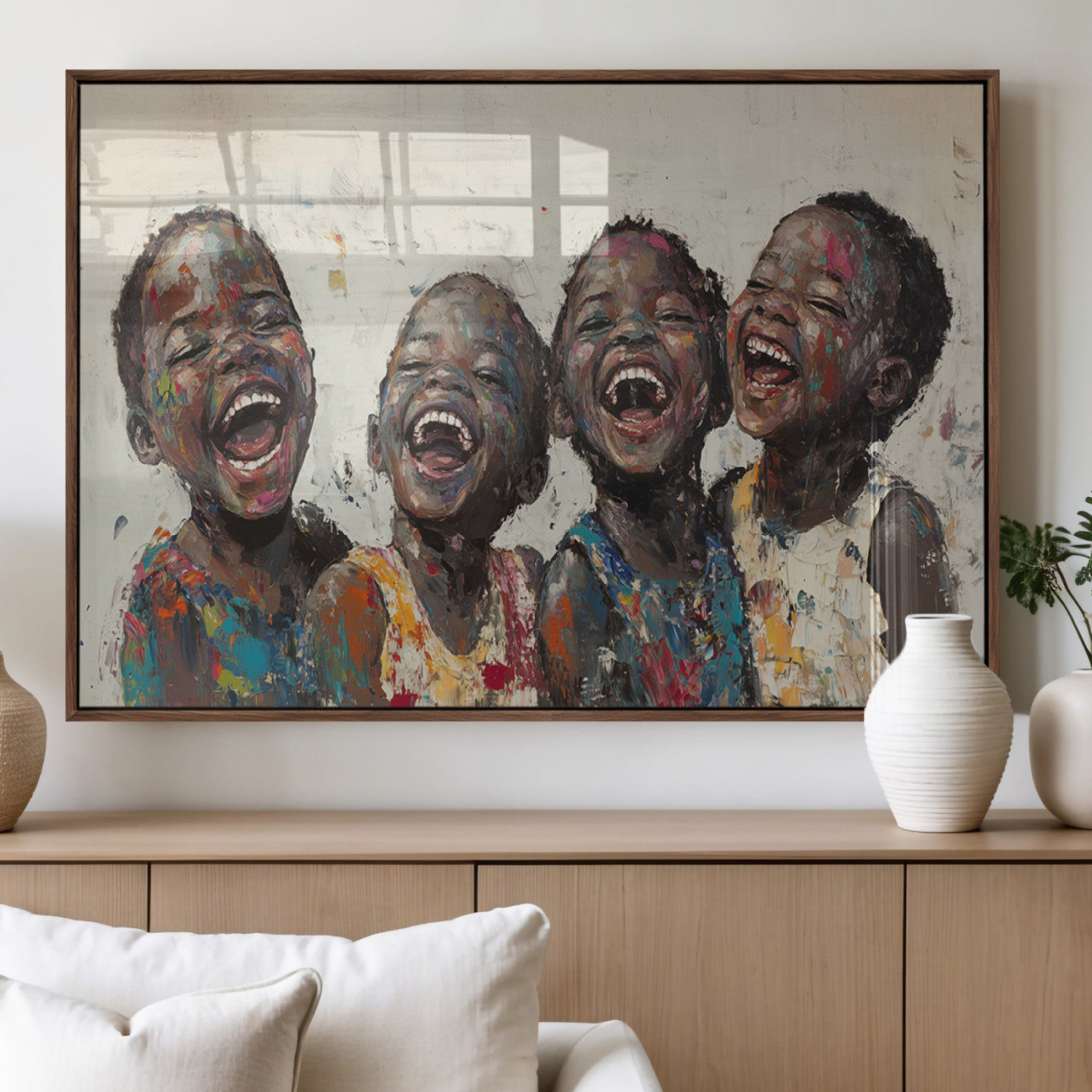 85256-MGV-FP-36X24-3P_Walnut-Shai Yossef Print - Joyful Childhood Canvas Wall Art - Expressive Impasto Painting of Laughing