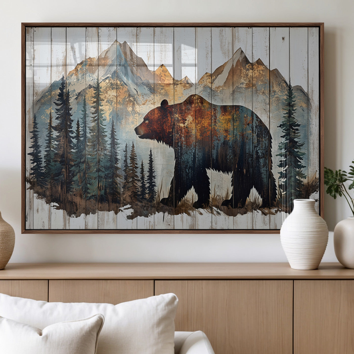 55777-MGV-FP-60X30-3P_Walnut-Rustic Grizzly 399 Bear and Mountain Wood Canvas Wall Art - Framed Nature Artwork with Forest