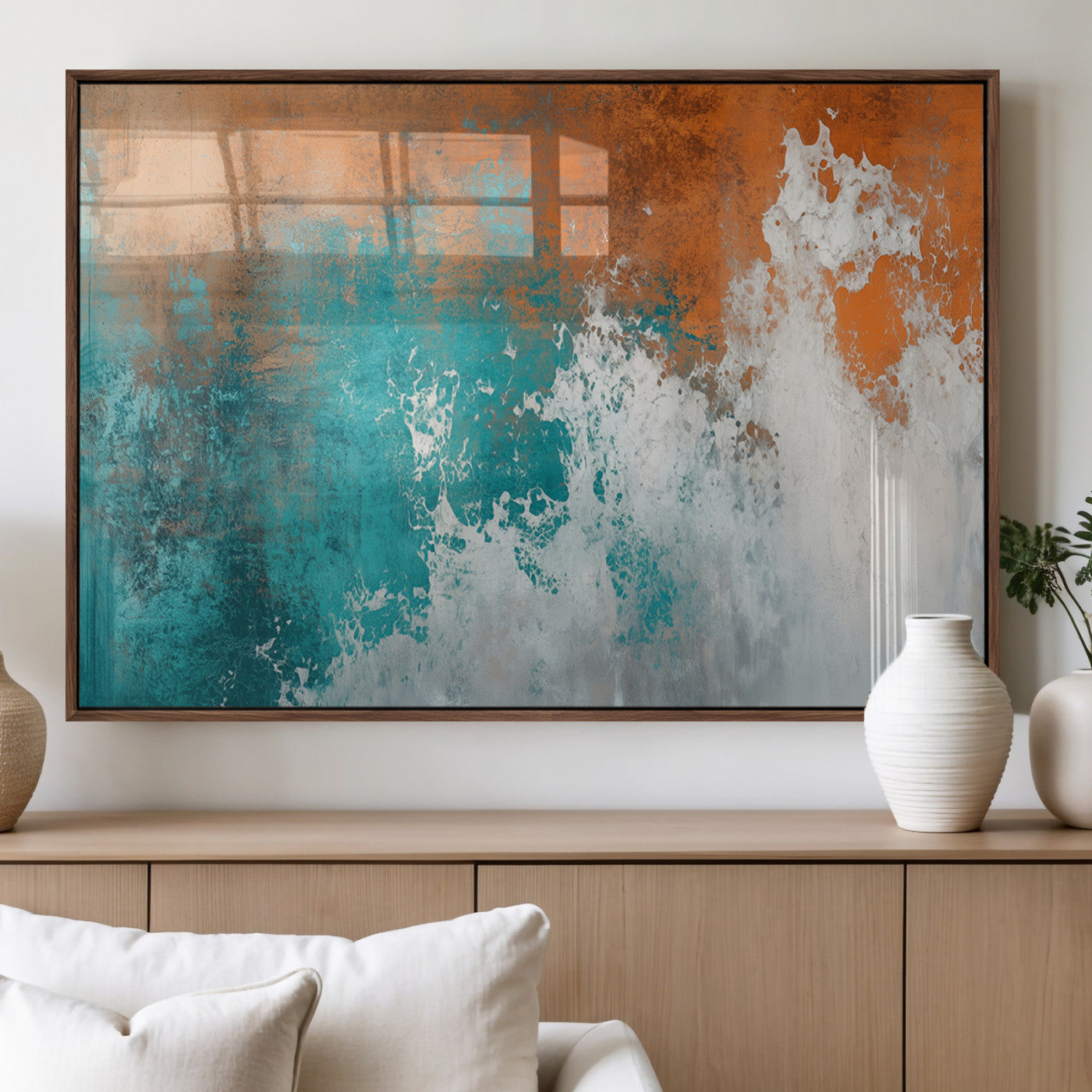MGV-FP-36X24-3P - Vintage Abstract Print - Bold Teal and Orange Canvas Wall Art - Retro-Vintage Abstract Orange Canvas