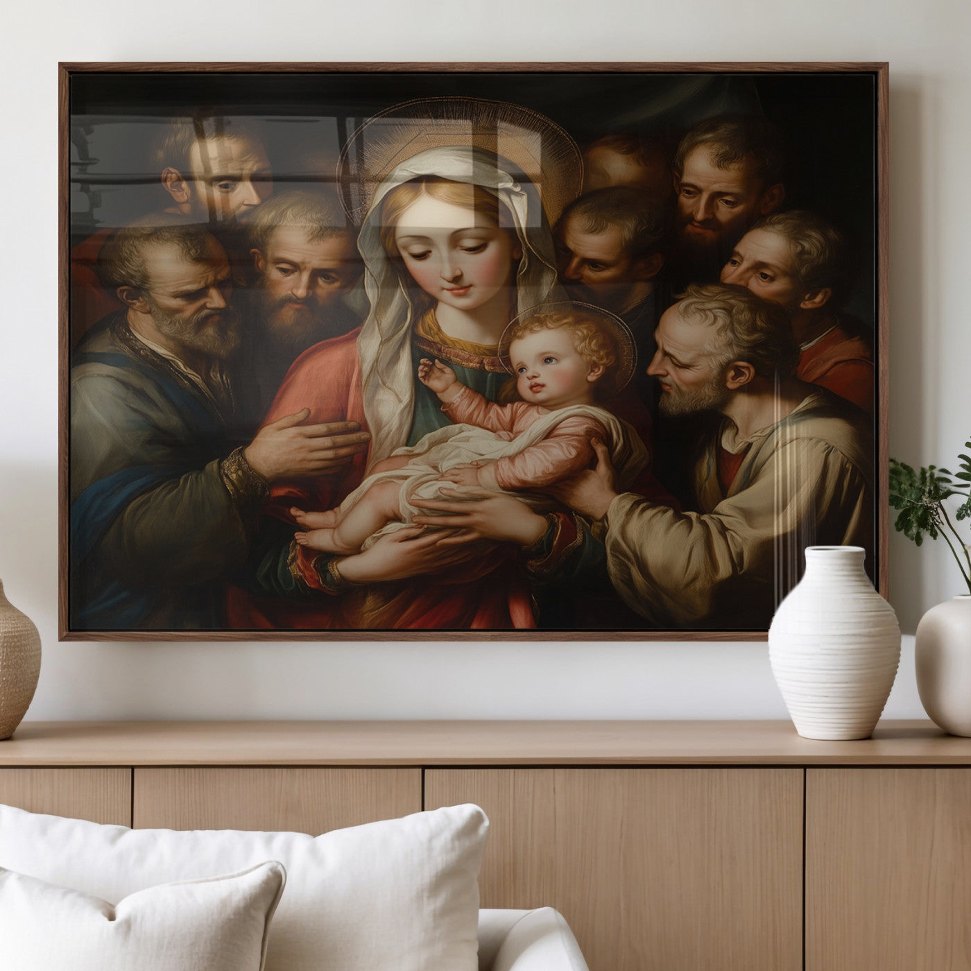 MGV-FP-60X30-3P - Religious Canvas Wall Art Print - Madonna and Child with Apostles Art Print - Classic Christian
