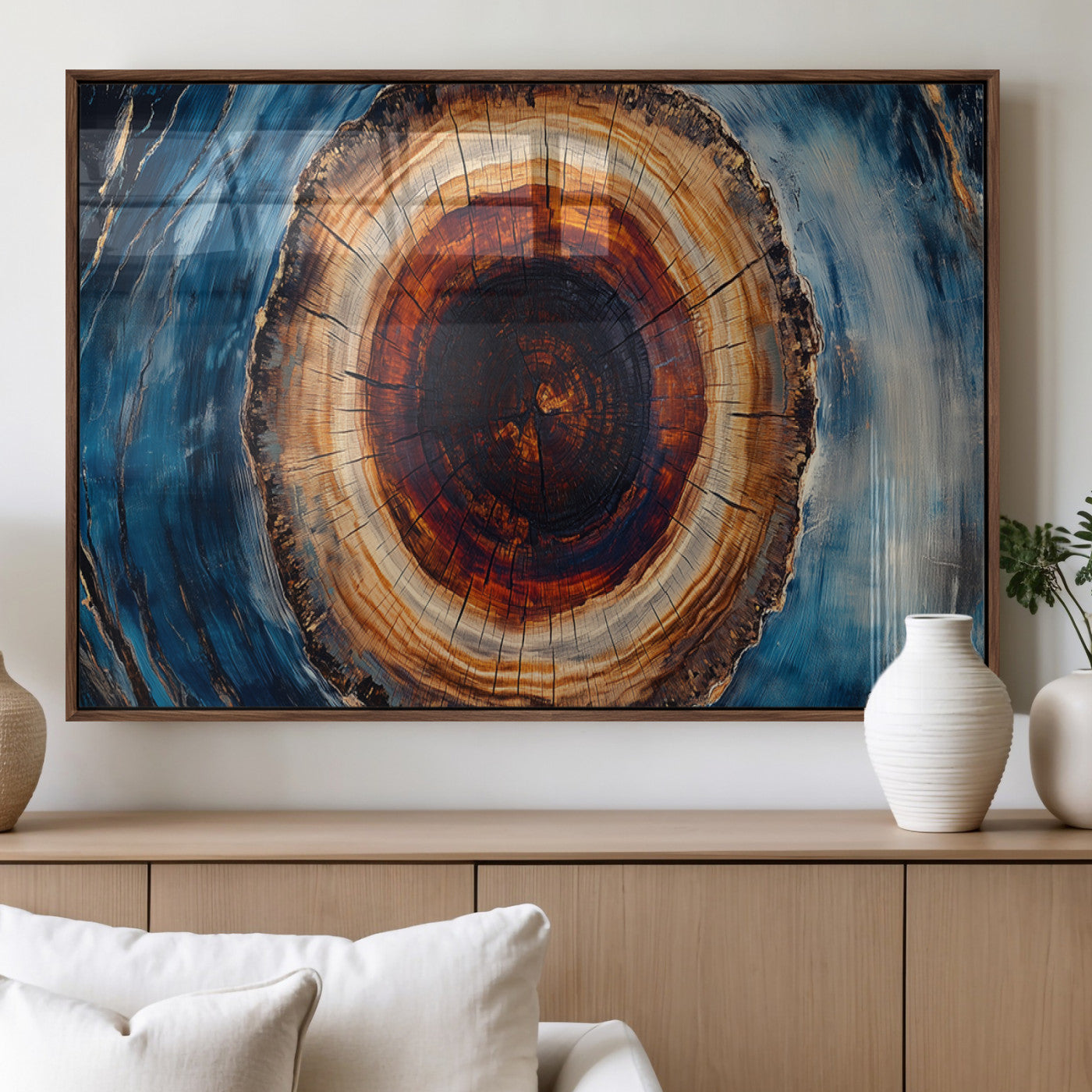 MGV-FP-36X24-3P - Framed Abstract Tree Ring Wall Art Print, Natural Rustic Wood Texture Canvas Print, Wood Tree Stump