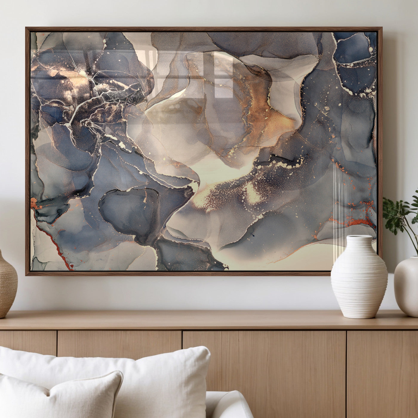 MGV-FP-60X30-3P - Abstract Blue and Gold Wall Art - Fluid Ink Artwork - Modern Luxury Wall Decor for Contemporary