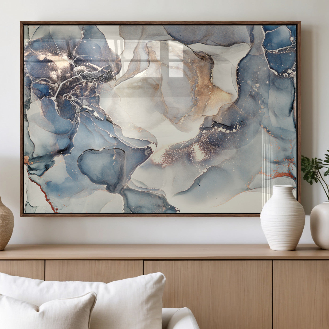 MGV-FP-36X24-3P - Abstract Blue and Gold Canvas Wall Art - Fluid Modern Ink Artwork - Modern Luxury Wall Decor for